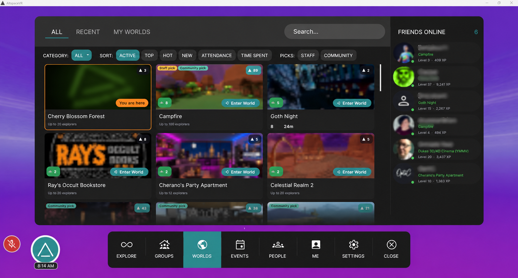AltspaceVR world browser showing worlds and friends online