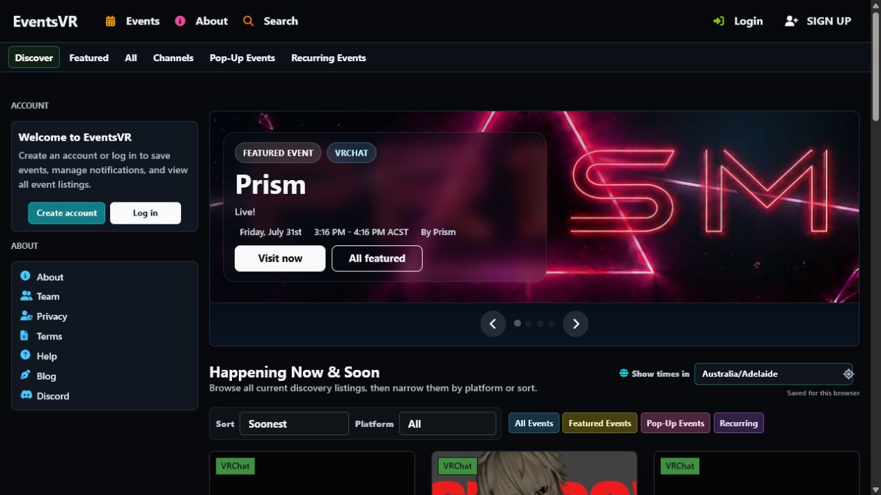 The EventsVR homepage showing a featured VRChat event, event discovery filters and upcoming event cards